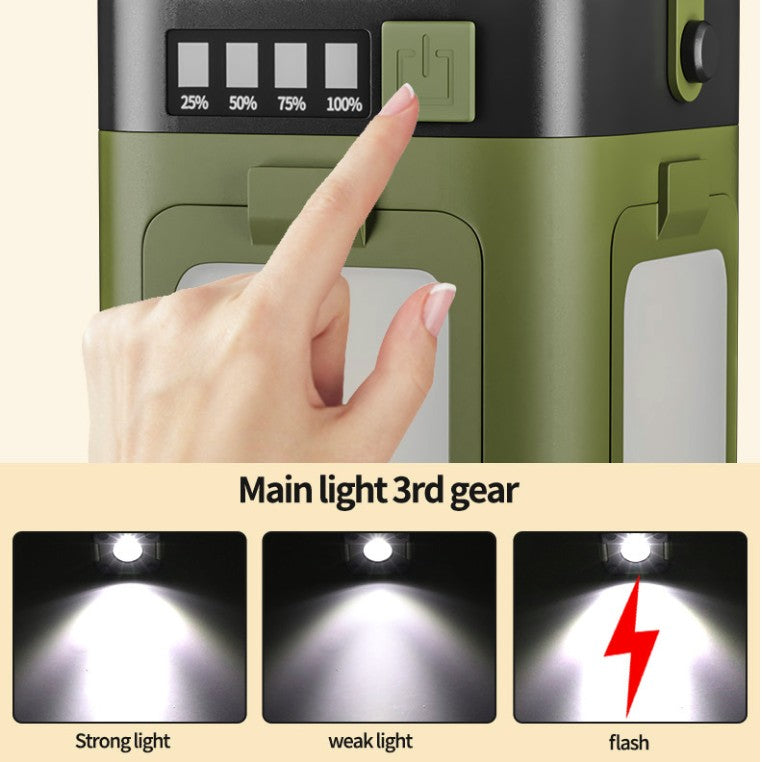 Lampa de Camping LED, Felinar Reincarcabil Solar si USB Type-C, Lanterna Integrata cu 4 Laturi Pliabile, Functie Power Bank, Impermeabila IPX4, 12.5 x 7 x 7 cm, Verde