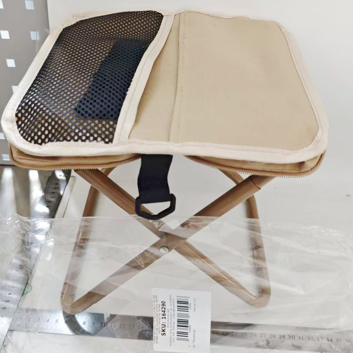 Scaun Taburet Pliabil pentru Camping si Pescuit, Portabil si Compact, Cadru Metalic si Panza Oxford, Bej, 26 x 24 x 24 cm