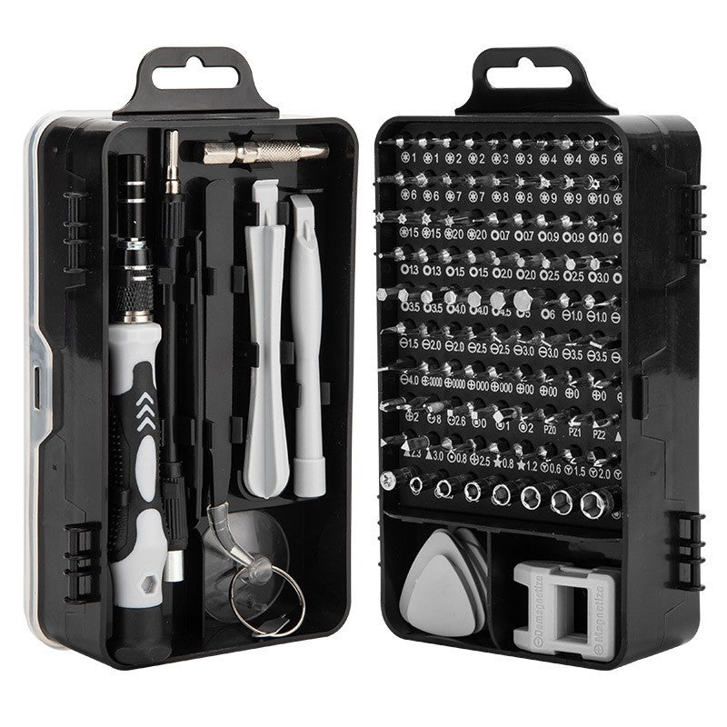 Set Surubelnite de Precizie 115-in-1 pentru Electronice, Telefon si Laptop, Biti Magnetici din Otel Crom Vanadiu, Maner Anti-Alunecare, Extensie Flexibila, 18 x 11 x 6 cm, Negru-Alb