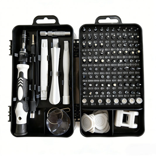 Set Surubelnite de Precizie 115-in-1 pentru Electronice, Telefon si Laptop, Biti Magnetici din Otel Crom Vanadiu, Maner Anti-Alunecare, Extensie Flexibila, 18 x 11 x 6 cm, Negru-Alb