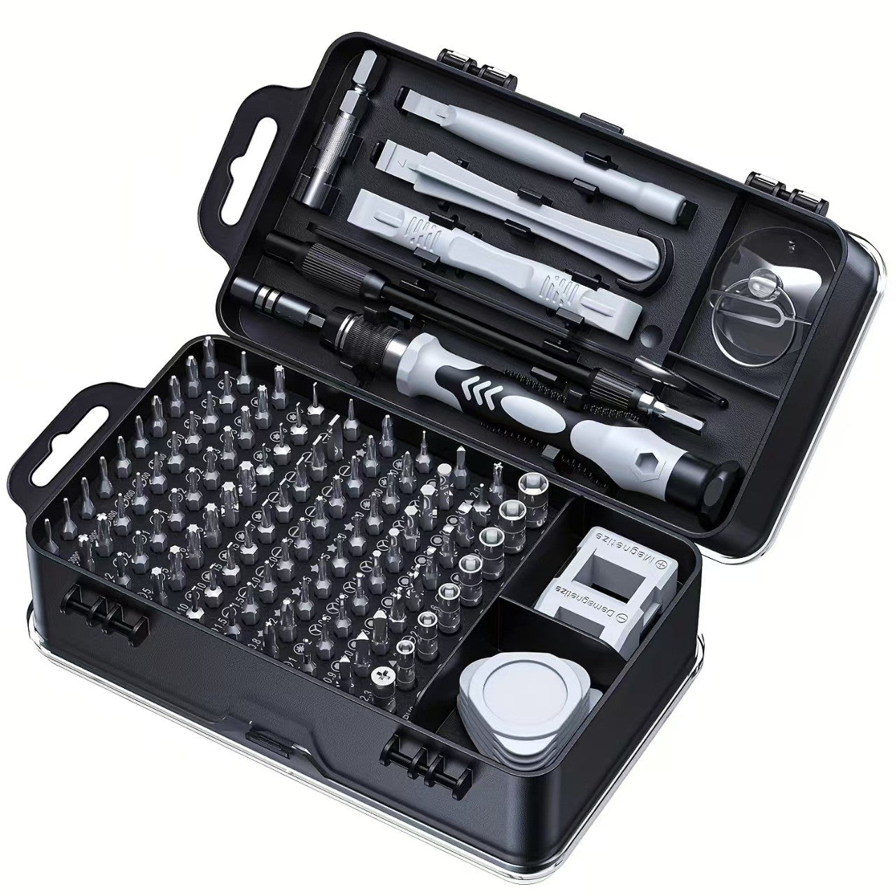 Set Surubelnite de Precizie 115-in-1 pentru Electronice, Telefon si Laptop, Biti Magnetici din Otel Crom Vanadiu, Maner Anti-Alunecare, Extensie Flexibila, 18 x 11 x 6 cm, Negru-Alb