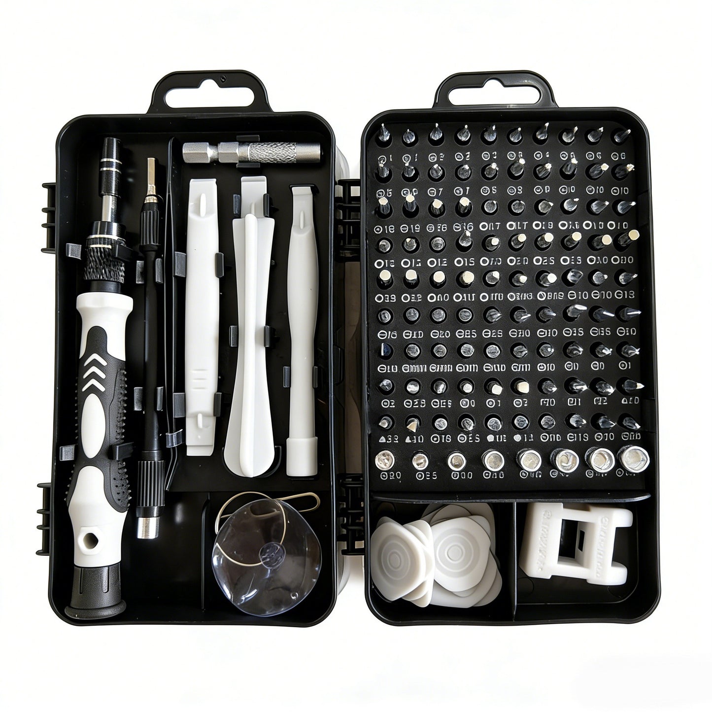 Set Surubelnite de Precizie 115-in-1 pentru Electronice, Telefon si Laptop, Biti Magnetici din Otel Crom Vanadiu, Maner Anti-Alunecare, Extensie Flexibila, 18 x 11 x 6 cm, Negru-Alb