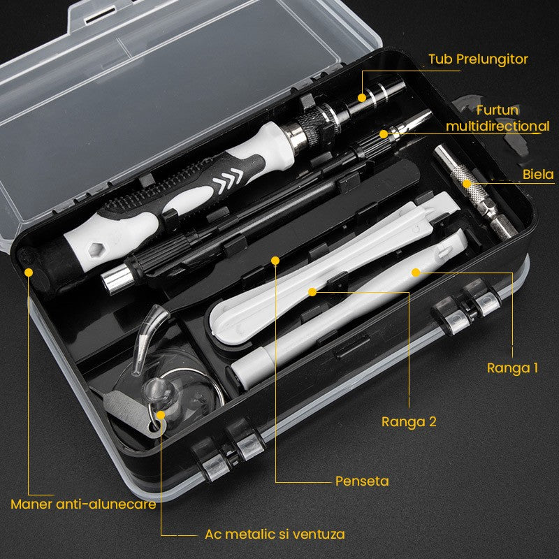 Set Surubelnite de Precizie 115-in-1 pentru Electronice, Telefon si Laptop, Biti Magnetici din Otel Crom Vanadiu, Maner Anti-Alunecare, Extensie Flexibila, 18 x 11 x 6 cm, Negru-Alb