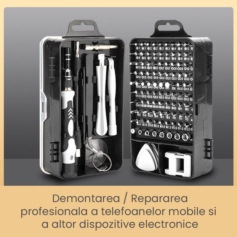 Set Surubelnite de Precizie 115-in-1 pentru Electronice, Telefon si Laptop, Biti Magnetici din Otel Crom Vanadiu, Maner Anti-Alunecare, Extensie Flexibila, 18 x 11 x 6 cm, Negru-Alb