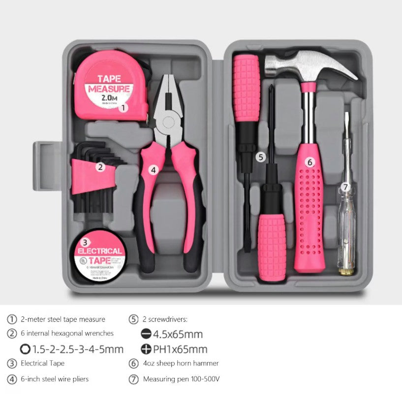 Set Scule 24 Piese pentru Uz Casnic, Trusa Instrumente Reparatii cu Ciocan si Surubelnite, Metal si Plastic, 20 x 12.5 x 3 cm, Roz/Gri
