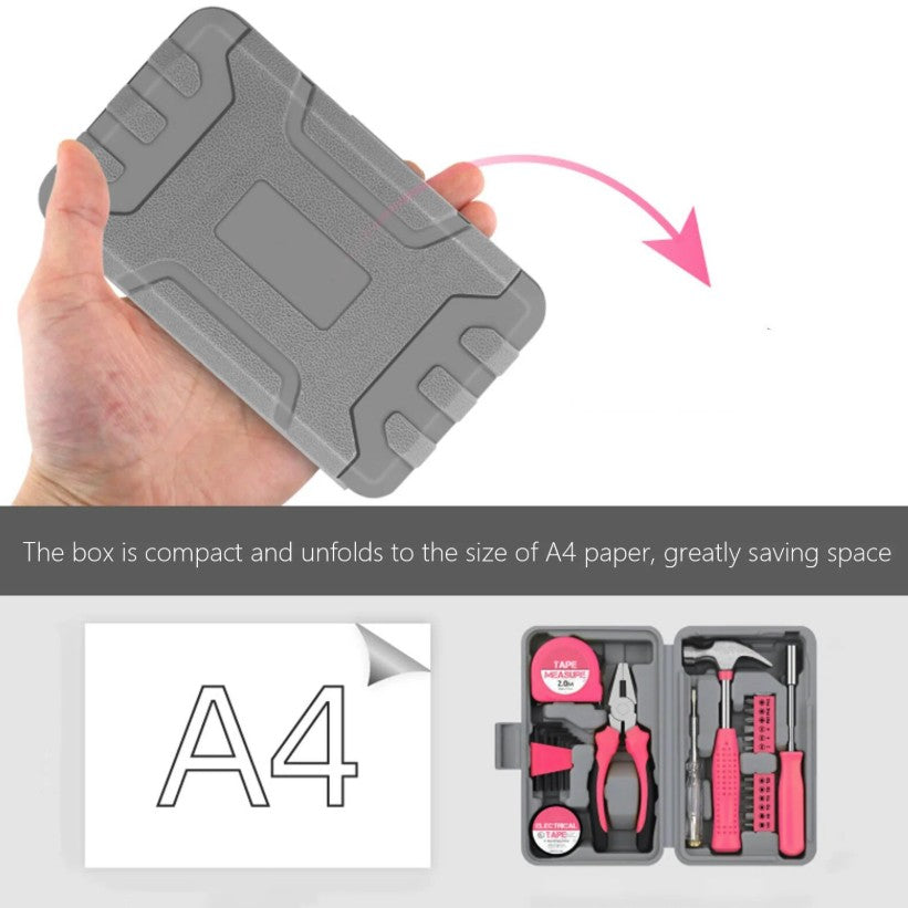 Set Scule 24 Piese pentru Uz Casnic, Trusa Instrumente Reparatii cu Ciocan si Surubelnite, Metal si Plastic, 20 x 12.5 x 3 cm, Roz/Gri