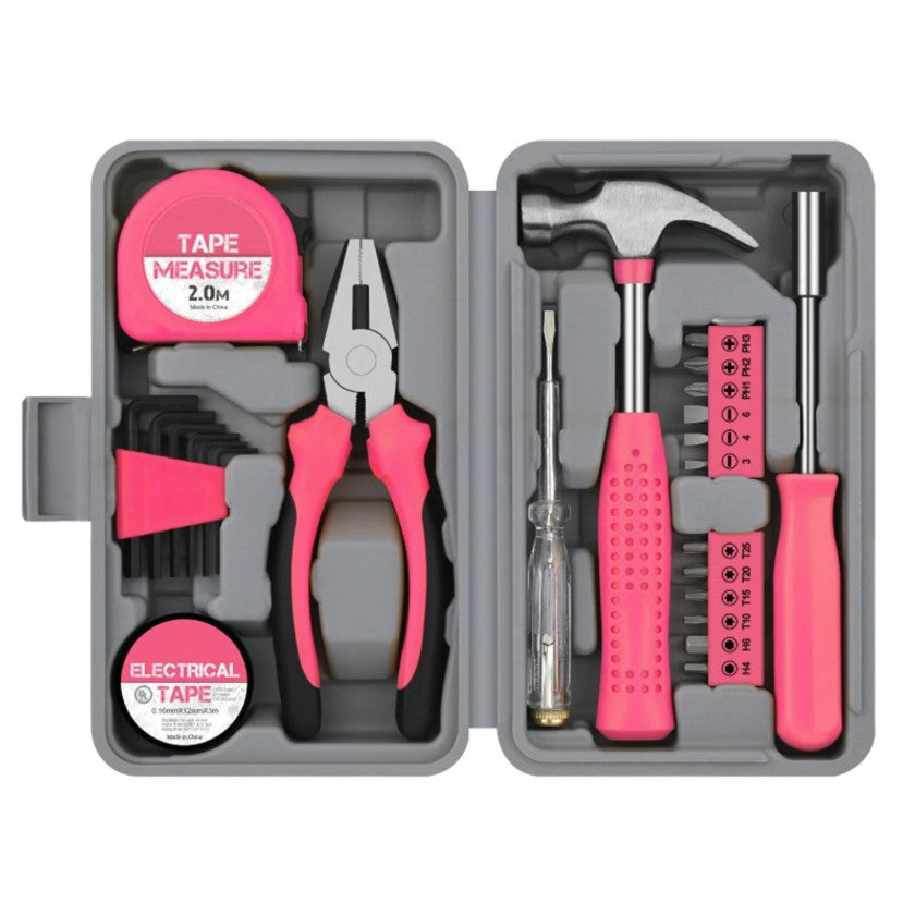 Set Scule 24 Piese pentru Uz Casnic, Trusa Instrumente Reparatii cu Ciocan si Surubelnite, Metal si Plastic, 20 x 12.5 x 3 cm, Roz/Gri