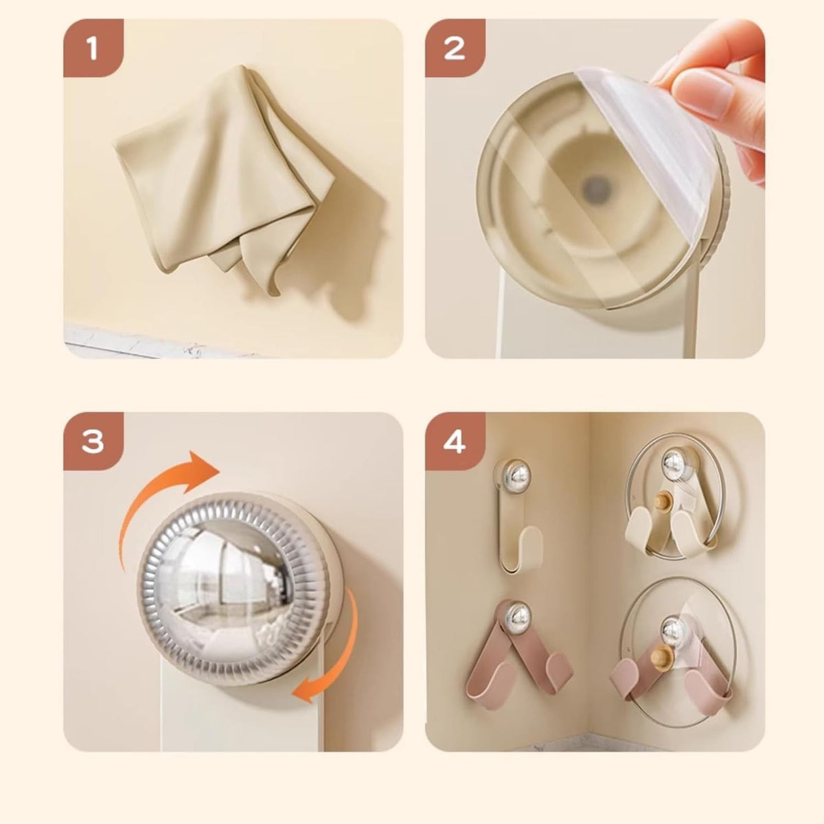 Suport pentru Capace Vase si Ustensile Bucatarie, Organizator Ajustabil cu Montare pe Perete, Fixare cu Ventuza, Plastic Rezistent, 19 x 6 x 5 cm, Alb Crem