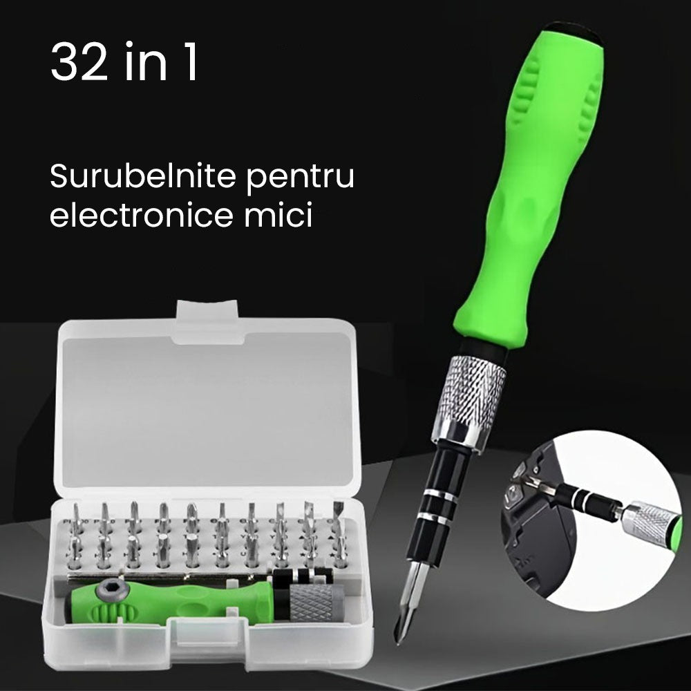 Set de Surubelnite 32-in-1 cu Clichet pentru Reparatii Electronice, Capete din Otel Cromat, Maner Ergonomic Antialunecare, Extensie Inclusa, Cutie Depozitare, 10.5 x 7 x 3 cm, Gri/Verde