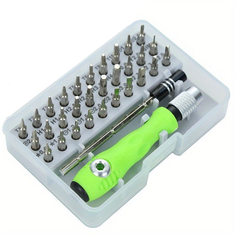 Set de Surubelnite 32-in-1 cu Clichet pentru Reparatii Electronice, Capete din Otel Cromat, Maner Ergonomic Antialunecare, Extensie Inclusa, Cutie Depozitare, 10.5 x 7 x 3 cm, Gri/Verde