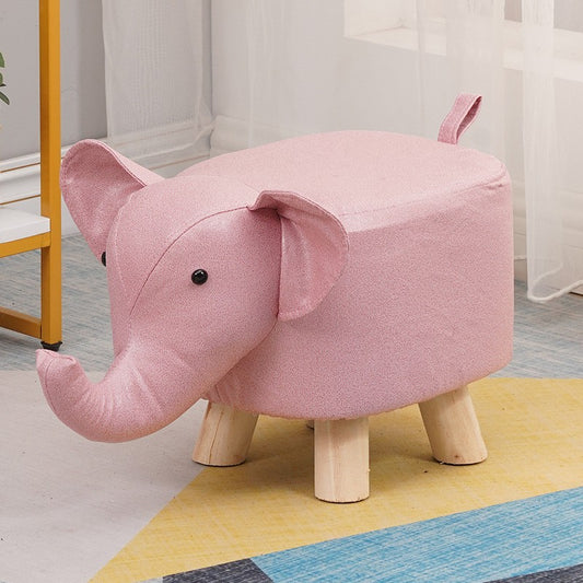 Taburet pentru Copii Model Elefant, Scaun Tip Puf din Lemn Masiv cu Tapiterie Moale, Recomandat pentru Dormitor si Camera de Joaca, Picioare Antiderapante, 30 x 25 x 25 cm, Roz