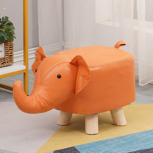Taburet pentru Copii, Scaun de Joaca Model Elefant, Tapiterie Pufoasa cu Burete Elastic, Picioare din Lemn Masiv cu Protectie Antiderapanta, Sarcina Maxima 50 kg, 30 x 25 x 25 cm, Portocaliu