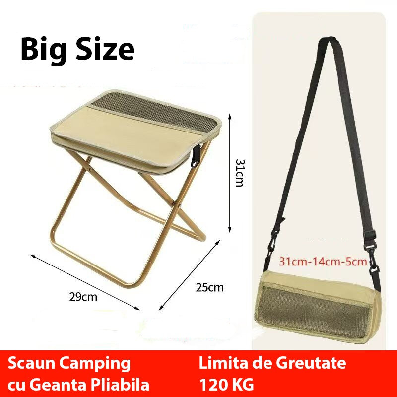Scaun Taburet Pliabil pentru Camping si Pescuit, Portabil pentru Adulti, Panza Oxford si Cadru Metalic, 31 x 29 x 25 cm, Bej