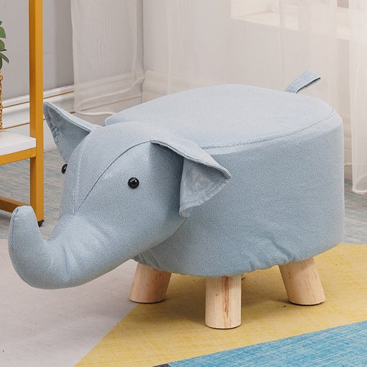 Taburet pentru Copii Model Elefant, Scaun Tapitat cu Picioare din Lemn Masiv, Burete Elastic si Protectii Antiderapante, 30 x 25 x 25 cm, Albastru Deschis