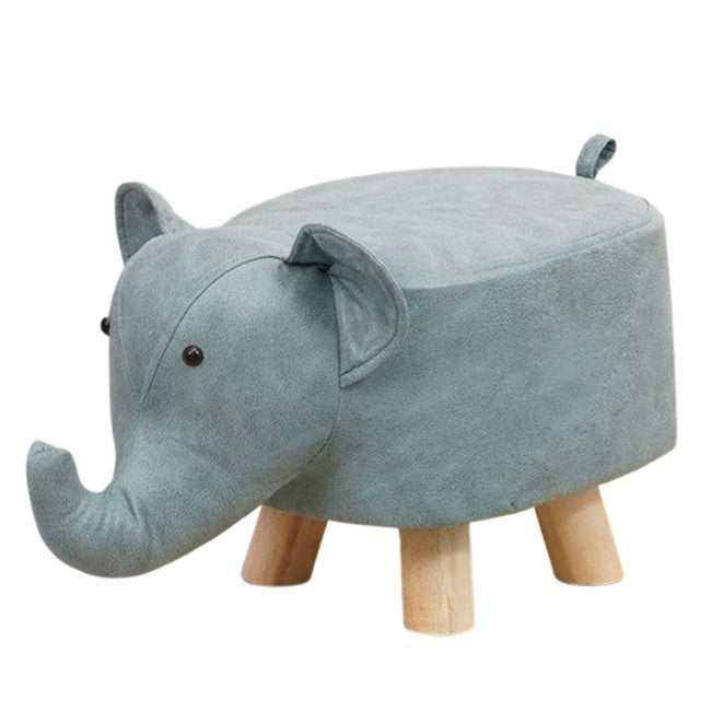 Taburet pentru Copii, Scaun Tip Elefant cu Picioare din Lemn Masiv, Sezut Tapitat si Moale, Design Animal, Albastru, 30 x 25 x 25 cm