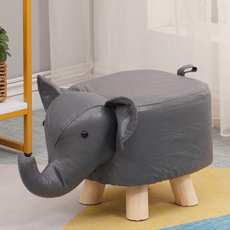 Taburet pentru Copii, Scaun Design Elefant cu Picioare din Lemn Masiv, Sezut Captusit cu Burete, Antiderapant, 30 x 25 x 25 cm, Gri Inchis