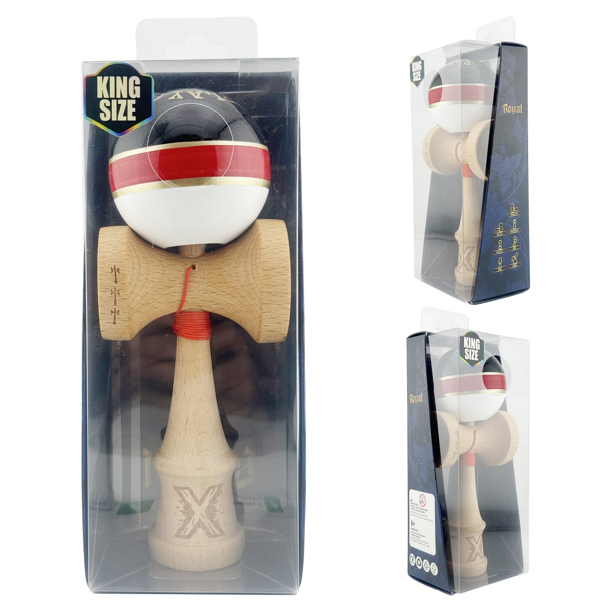 Kendama X Royal Spike Originala, Model Negru / Rosu Silver / Alb, Profesionala, Cupe Mari, Super Sticky, Rulment, Ata 55cm