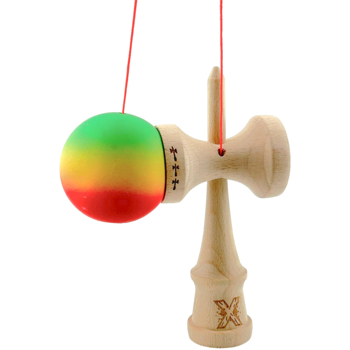 Kendama X Originala - Cupe Mari - Profesionala - Rubber Grip - Jucarie Interactiva din Lemn, 18 cm, Joc de Indemanare pentru Copii si Adulti, Model Verde-Galben-Rosu in Degrade