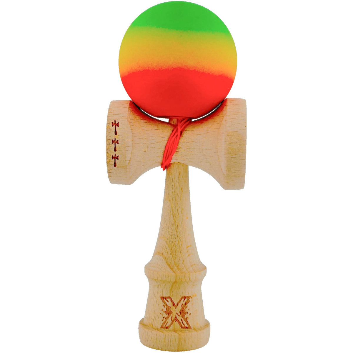 Kendama X Originala - Cupe Mari - Profesionala - Rubber Grip - Jucarie Interactiva din Lemn, 18 cm, Joc de Indemanare pentru Copii si Adulti, Model Verde-Galben-Rosu in Degrade