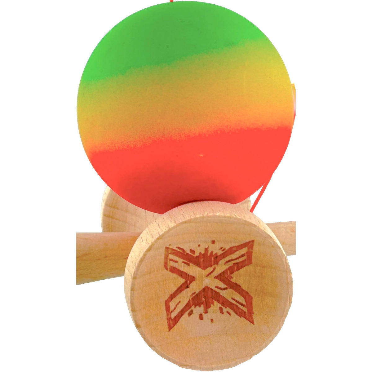 Kendama X Originala - Cupe Mari - Profesionala - Rubber Grip - Jucarie Interactiva din Lemn, 18 cm, Joc de Indemanare pentru Copii si Adulti, Model Verde-Galben-Rosu in Degrade