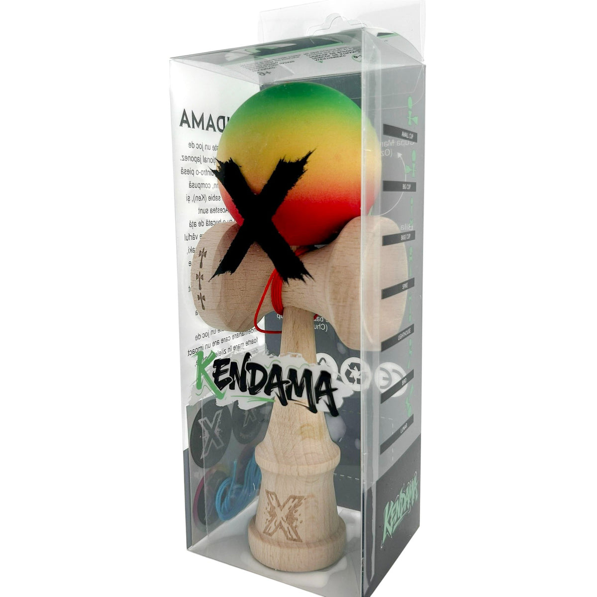 Kendama X Originala - Cupe Mari - Profesionala - Rubber Grip - Jucarie Interactiva din Lemn, 18 cm, Joc de Indemanare pentru Copii si Adulti, Model Verde-Galben-Rosu in Degrade