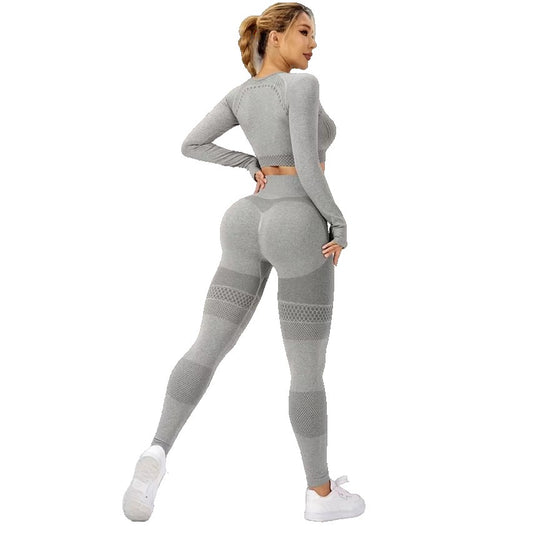Set Sport Damă pentru Yoga și Fitness, 2 Piese, Colanți Talie Înaltă și Top Scurt Mânecă Lungă, Fără Cusături, Material Elastic Respirabil, Gri, M