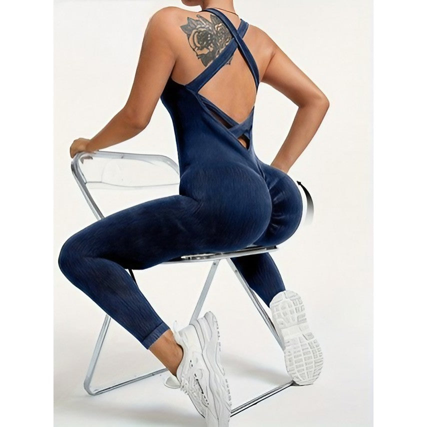 Costum Sport Damă One Piece pentru Yoga și Fitness, Salopetă Elastică Fără Cusături, Spate Decupat, Nailon și Spandex, Albastru Marin, Mărime S