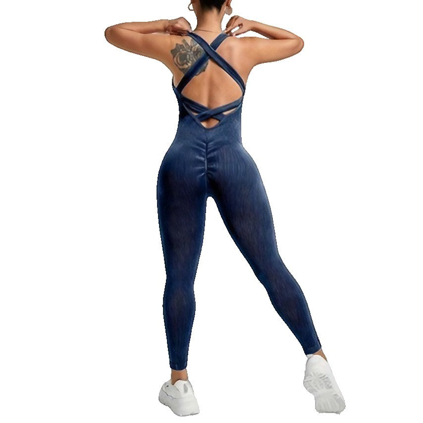 Costum Sport Damă One Piece pentru Yoga și Fitness, Salopetă Elastică Fără Cusături, Spate Decupat, Nailon și Spandex, Albastru Marin, Mărime S