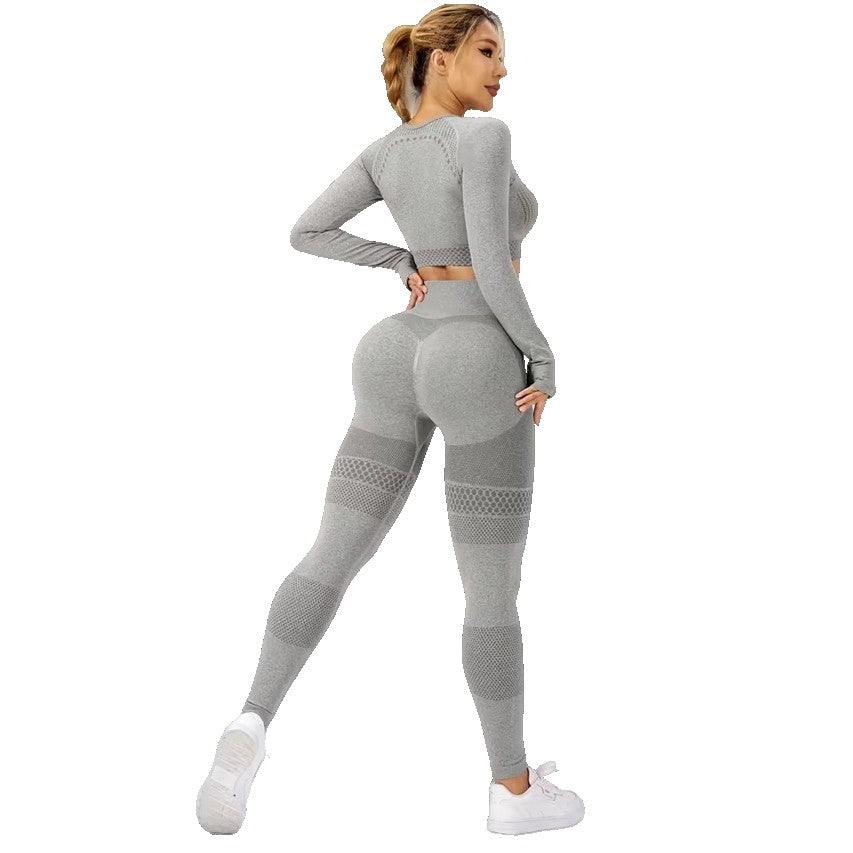 Set Sport Damă 2 Piese pentru Yoga și Fitness, Colanți Talie Înaltă și Top Scurt Mânecă Lungă, Material Elastic Fără Cusături, Gri, Mărime L