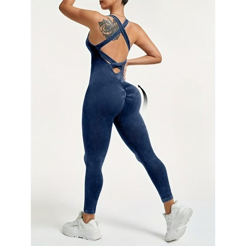 Costum Sport Dama One Piece, Salopeta Yoga si Fitness fara Cusaturi, Material Elastic cu Uscare Rapida, Nailon si Spandex, Albastru Marin, Marime M
