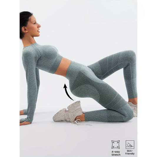 Set Sport Damă 2 Piese, Costum Fitness și Yoga, Colanți Talie Înaltă Fără Cusături și Top Scurt Mânecă Lungă, Material Elastic Respirabil, Verde Mentă, Mărime L