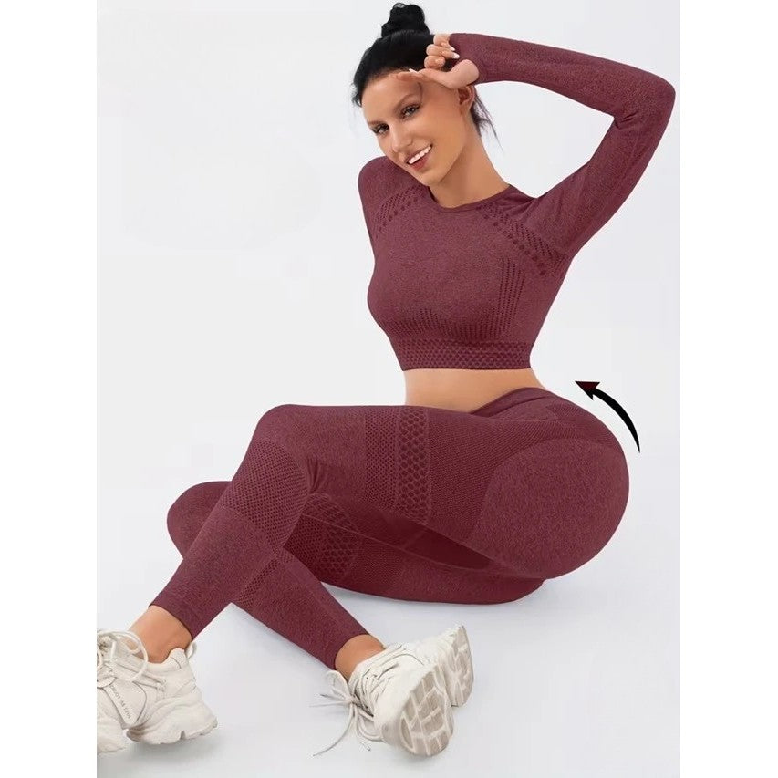 Set Sport Damă 2 Piese pentru Yoga și Fitness, Colanți Talie Înaltă Fără Cusături și Top Scurt Mânecă Lungă, Material Elastic Respirabil, Burgundy, Mărime S