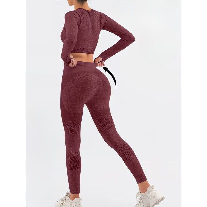 Set Sport Damă 2 Piese pentru Yoga și Fitness, Colanți Talie Înaltă Fără Cusături și Top Scurt Mânecă Lungă, Material Elastic Respirabil, Burgundy, Mărime S