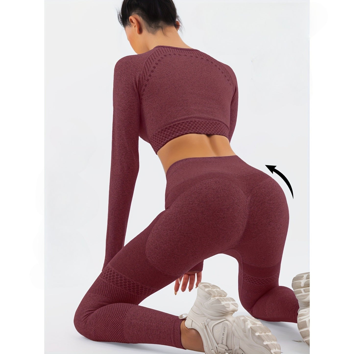 Set Sport Damă 2 Piese pentru Yoga și Fitness, Colanți Talie Înaltă Fără Cusături și Top Scurt Mânecă Lungă, Material Elastic Respirabil, Burgundy, M