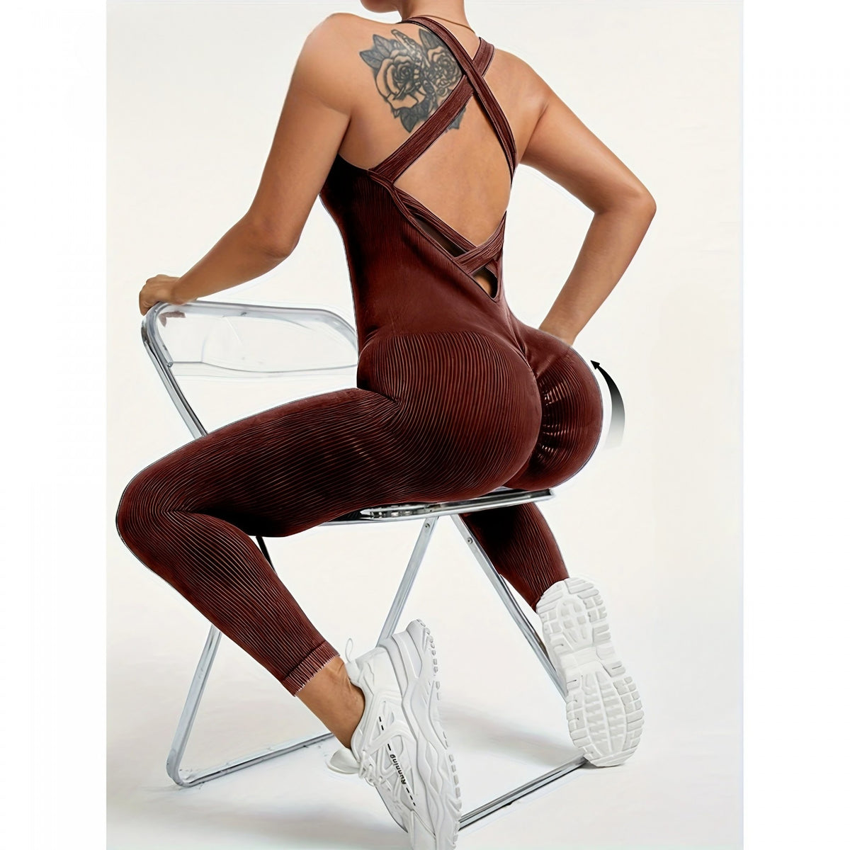 Costum Sport Damă One Piece pentru Yoga și Fitness, Salopetă Elastică Fără Cusături, Spate Decupat, Nailon și Spandex, Maro Închis, Mărime L