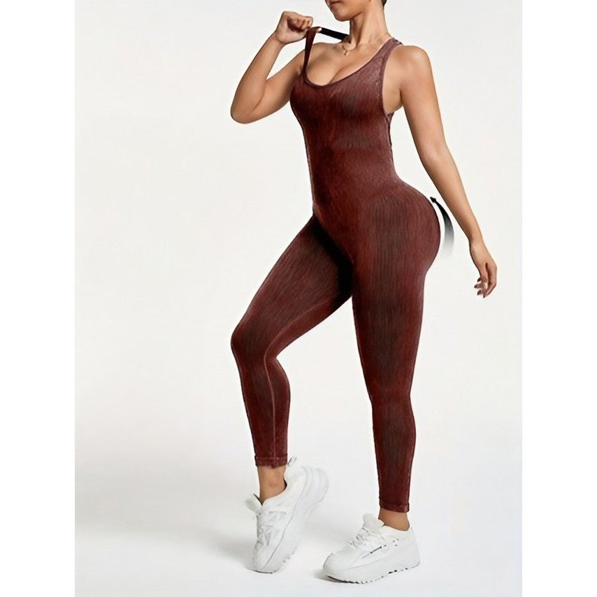 Costum Sport Damă One Piece pentru Yoga și Fitness, Salopetă Elastică Fără Cusături, Spate Decupat, Nailon și Spandex, Maro Închis, Mărime L
