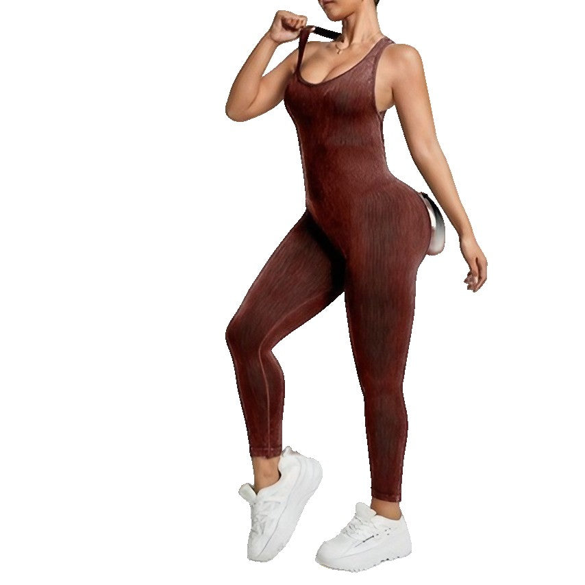Costum Sport Damă One Piece, Salopetă Yoga și Fitness, Fără Cusături, Material Elastic Respirabil, Maro Închis, Mărime M