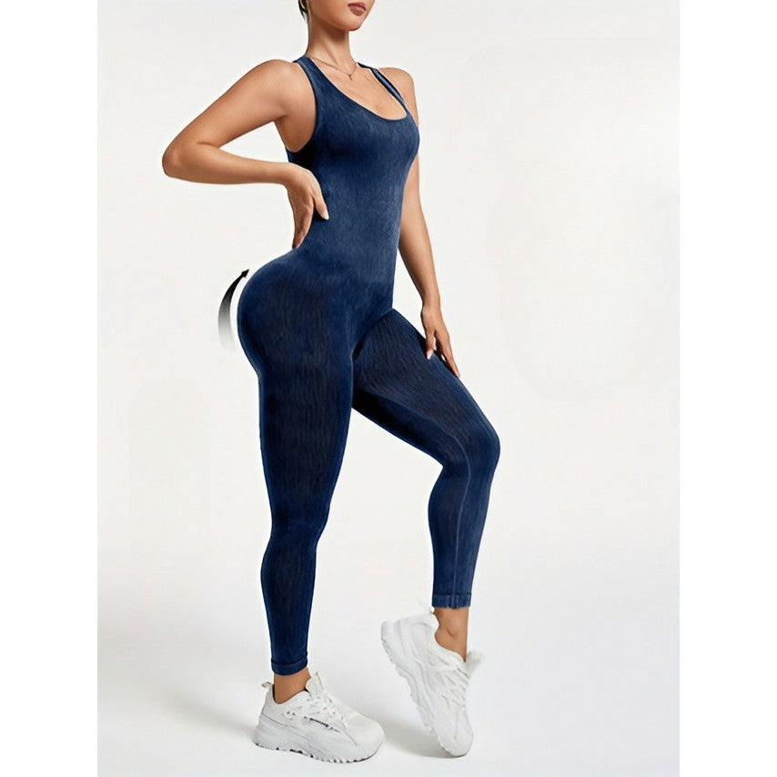 Costum Sport Damă One Piece, Salopetă Yoga și Fitness, Fără Cusături, Spate Decupat cu Bretele X, Nailon și Spandex, Albastru Marin, Mărime XL