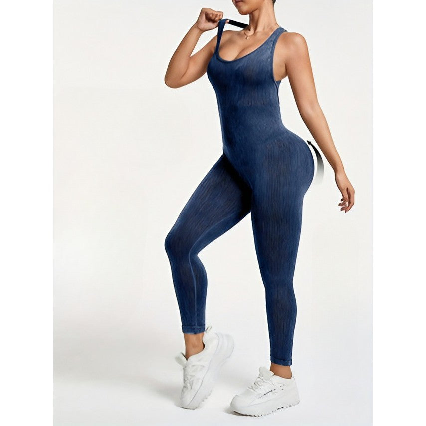 Costum Sport Damă One Piece, Salopetă Yoga și Fitness, Fără Cusături, Spate Decupat cu Bretele X, Nailon și Spandex, Albastru Marin, Mărime XL