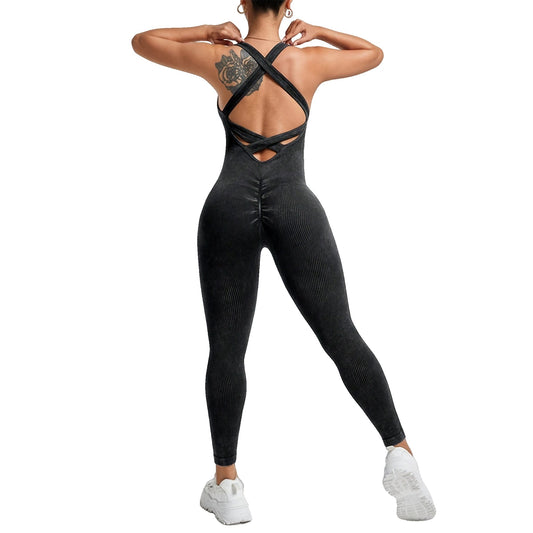Salopetă Sport Damă One Piece, Costum Yoga și Fitness Fără Cusături, Material Elastic Respirabil, Nailon și Spandex, Negru, Mărime S