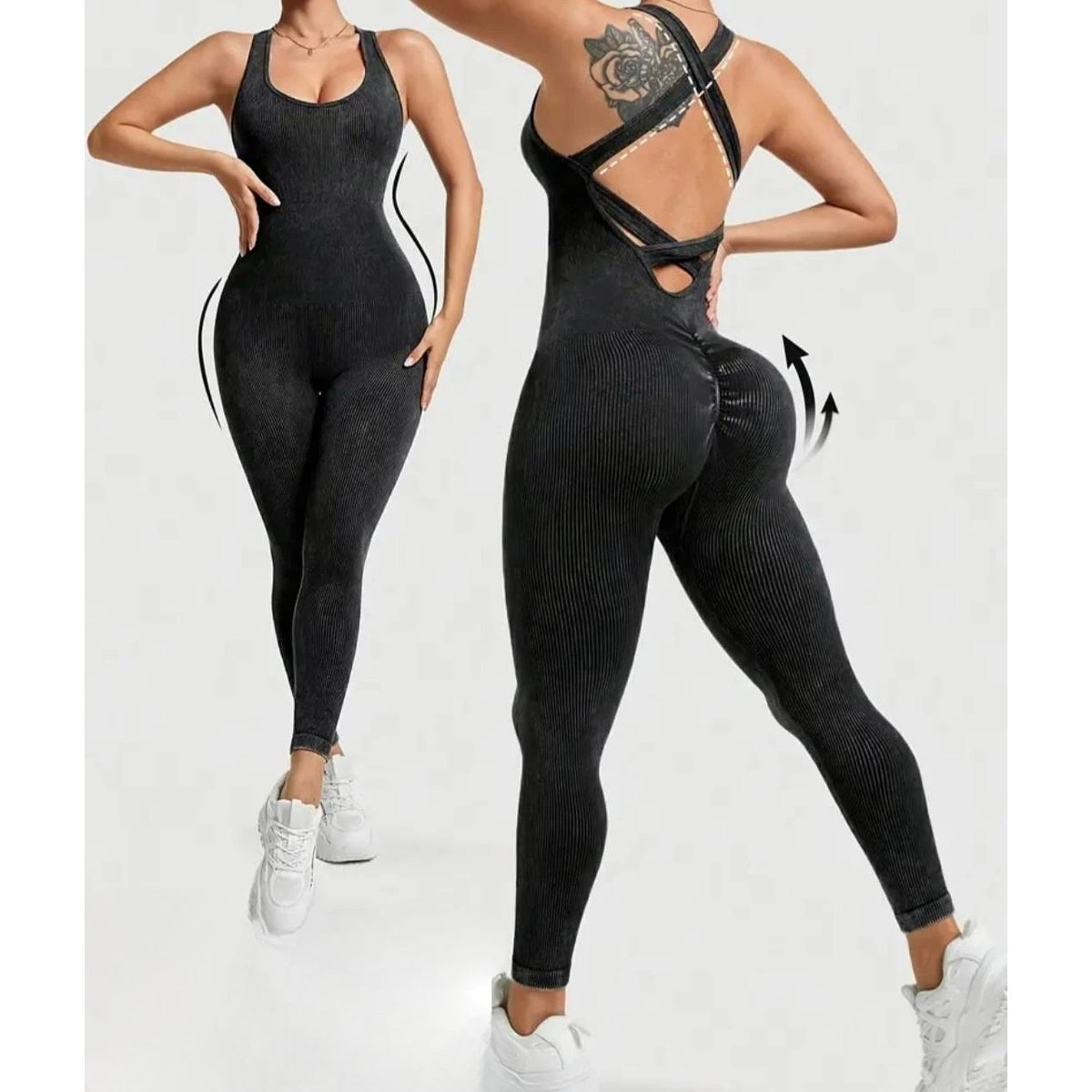 Costum Sport Damă One Piece pentru Yoga și Fitness, Design Fără Cusături cu Spate Decupat, Material Elastic Respirabil, Nailon și Spandex, Negru, Mărime L