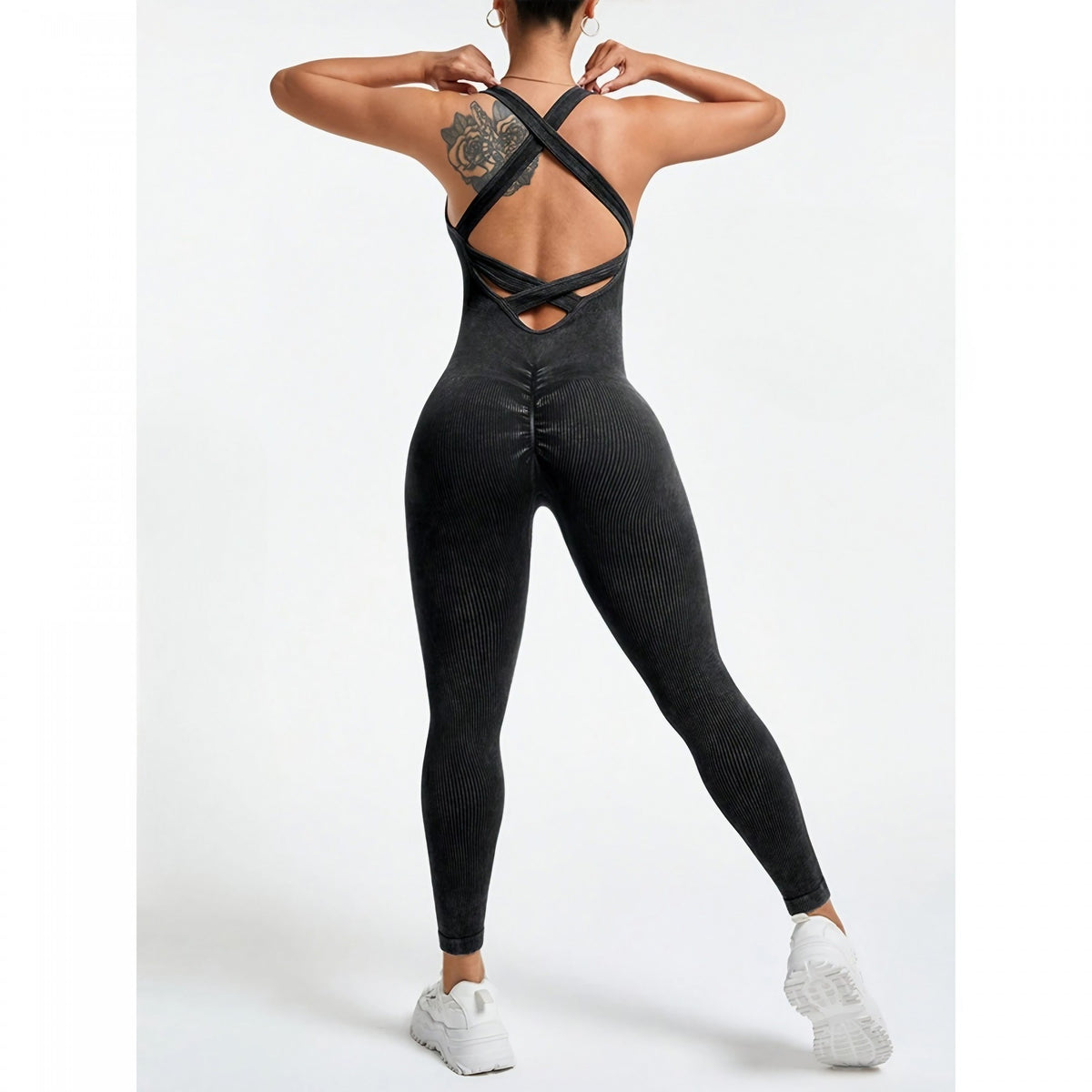 Costum Sport Dama One Piece, Salopeta Fitness si Yoga, Fara Cusaturi, Spate Decupat, Nailon si Spandex, Negru, Marime M