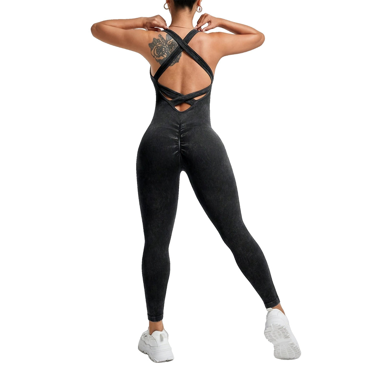 Costum Sport Dama One Piece, Salopeta Fitness si Yoga, Fara Cusaturi, Spate Decupat, Nailon si Spandex, Negru, Marime M