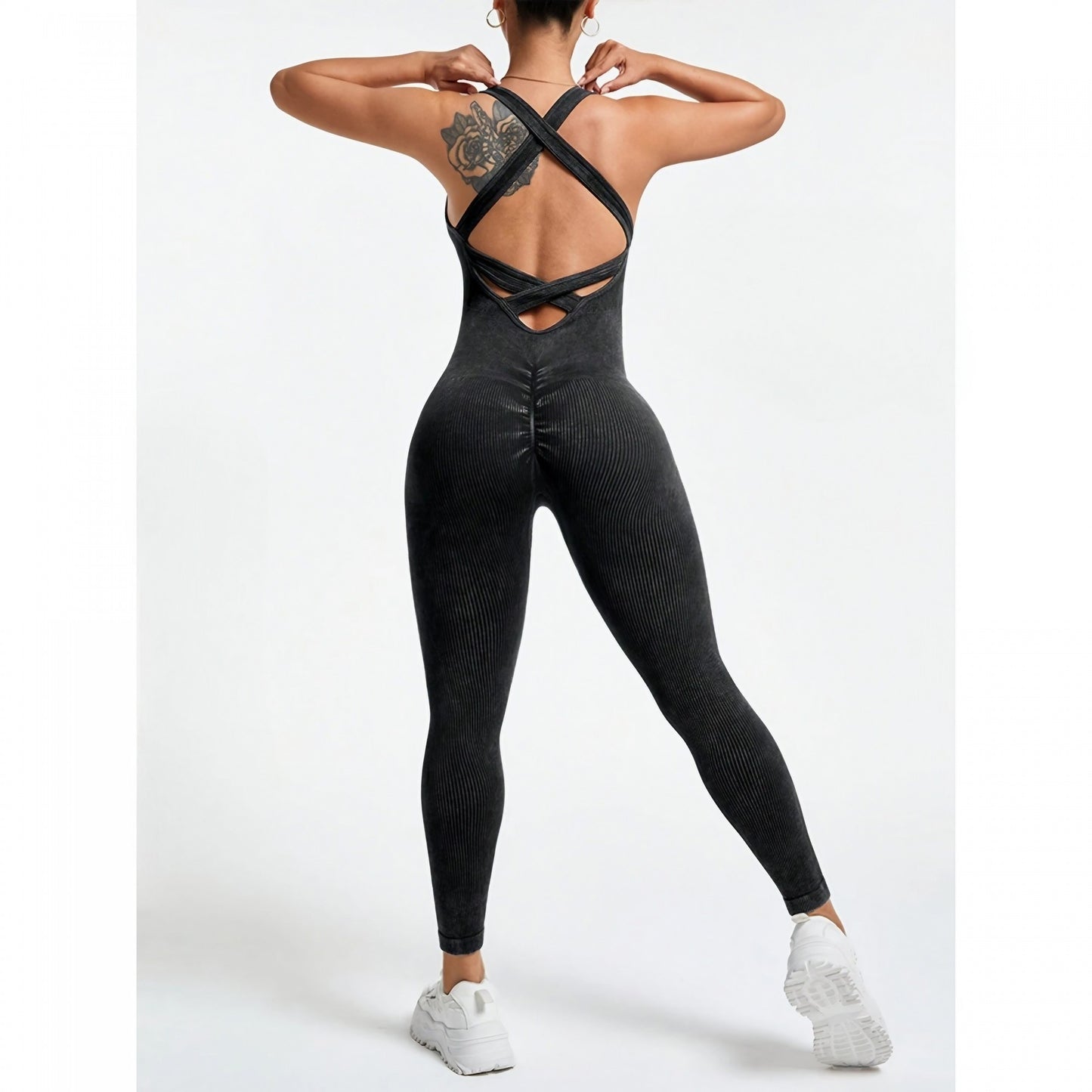Costum Sport Dama One Piece, Salopeta Fitness si Yoga, Fara Cusaturi, Spate Decupat, Nailon si Spandex, Negru, Marime M