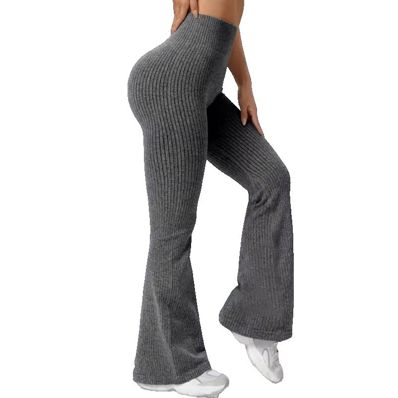 Pantaloni Sport Damă pentru Yoga și Fitness, Talie Înaltă fără Cusături, Croială Evazată, Material Tricotat Elastic, Gri Închis, Mărimea S