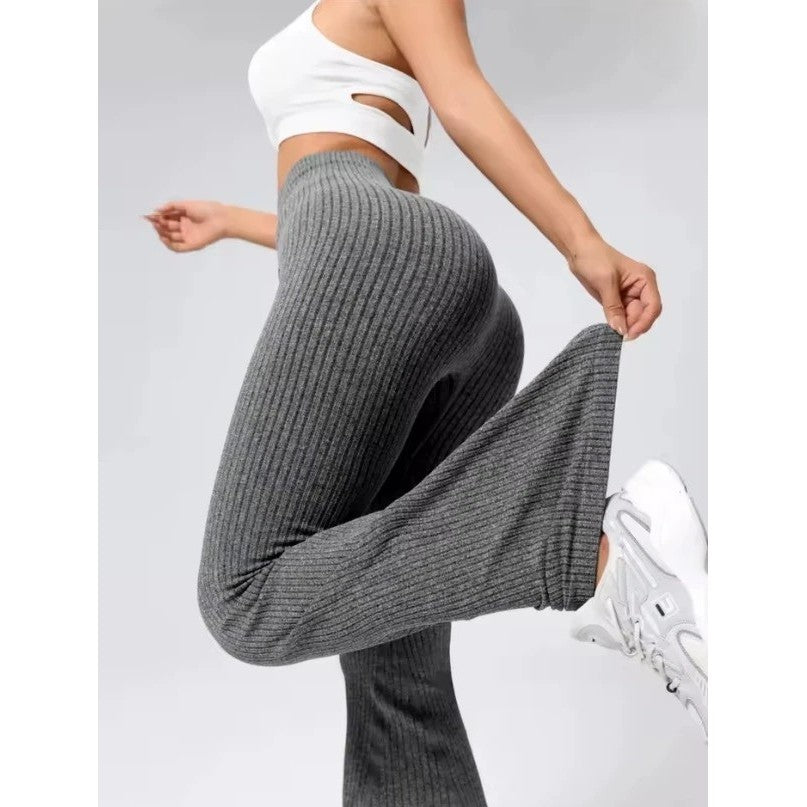Pantaloni Sport Dama Pentru Yoga si Fitness, Talie Inalta Fara Cusaturi, Croiala Evazata, Material Tricotat Elastic, Gri Inchis, Marime L