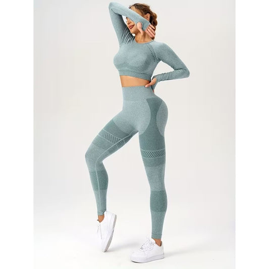 Set Sport Damă, Costum Yoga și Fitness din 2 Piese, Colanți Talie Înaltă fără Cusături și Top Scurt Mânecă Lungă, Material Elastic Respirabil, Verde Mentă, Mărime S
