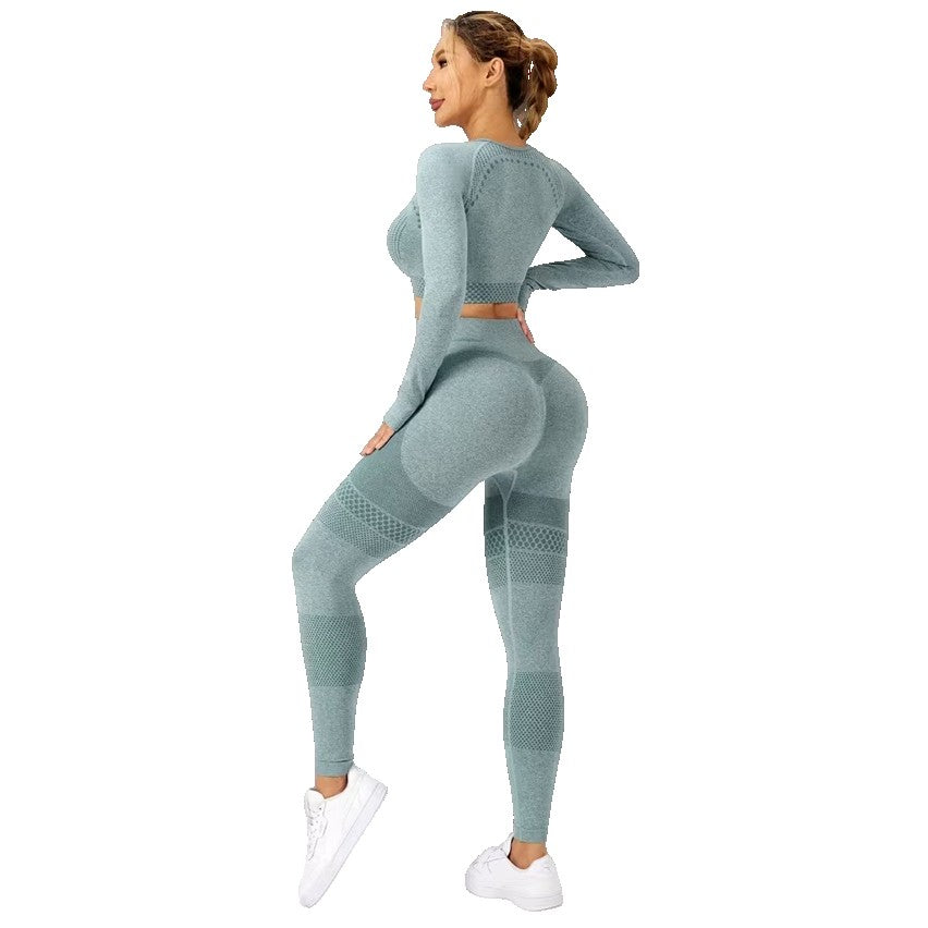 Set Sport Damă 2 Piese, Costum Yoga și Fitness, Colanți Talie Înaltă și Top Scurt Mânecă Lungă, Material Elastic fără Cusături, Nailon și Spandex, Verde Mentă, Mărime M
