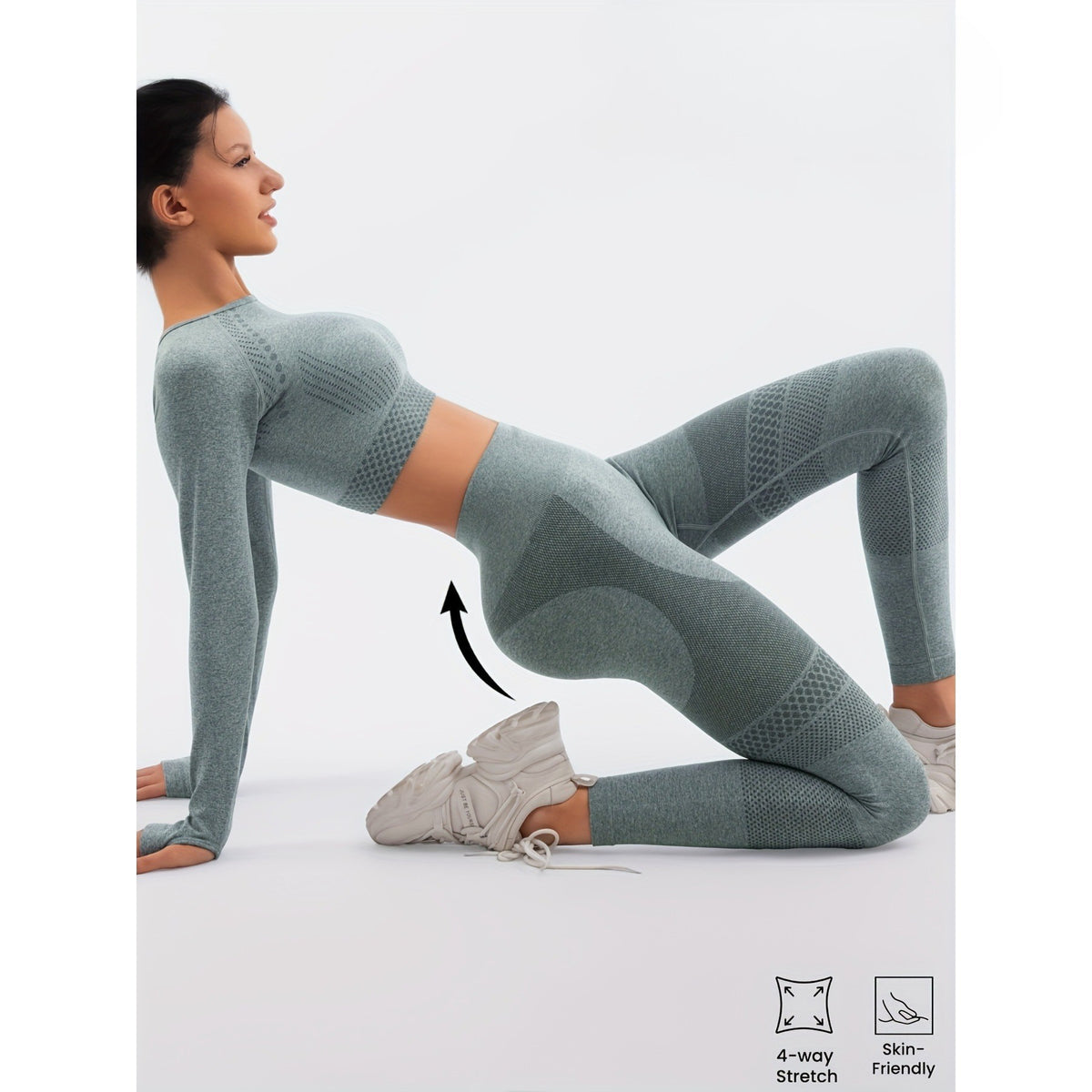 Set Sport Damă 2 Piese, Costum Yoga și Fitness, Colanți Talie Înaltă și Top Scurt Mânecă Lungă, Material Elastic fără Cusături, Nailon și Spandex, Verde Mentă, Mărime M