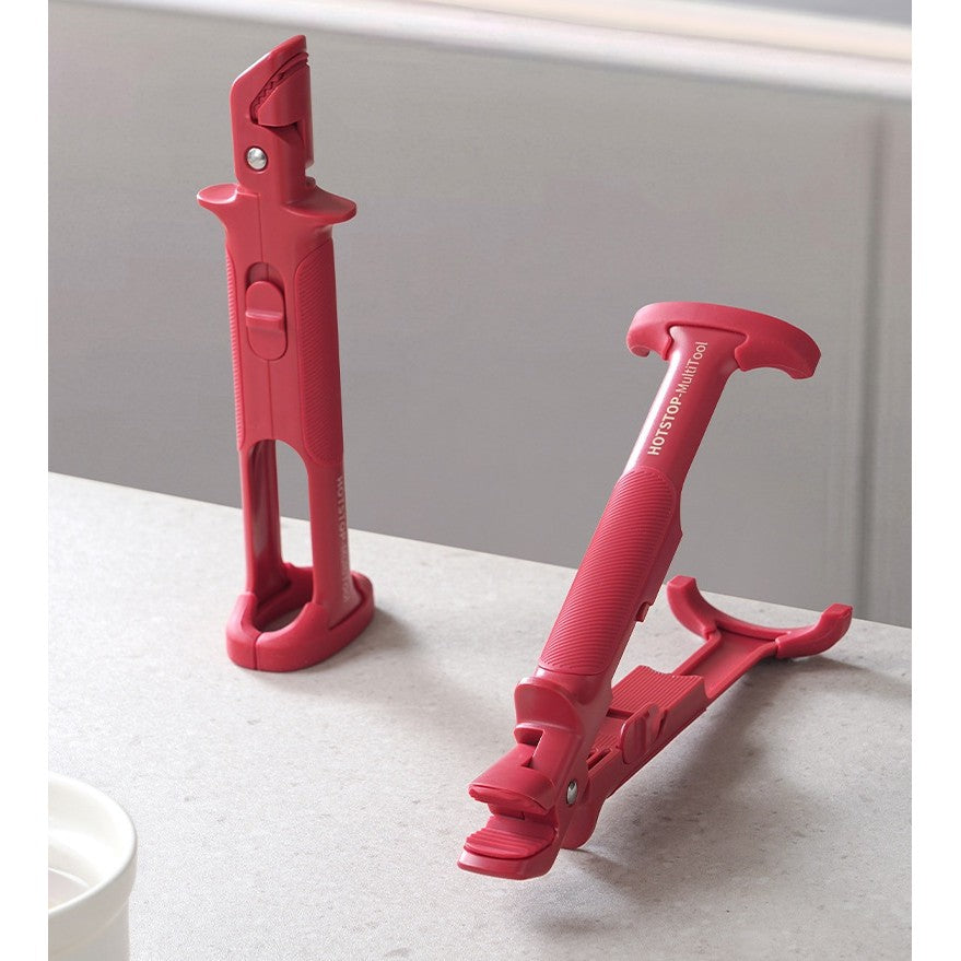 Clește Anti-Opărire 2-în-1 pentru Farfurii și Tăvi, Rezistent la Temperaturi Ridicate, Design Anti-Alunecare, ABS, Silicon și Oțel Inoxidabil, 24 x 6.5 cm, Roșu